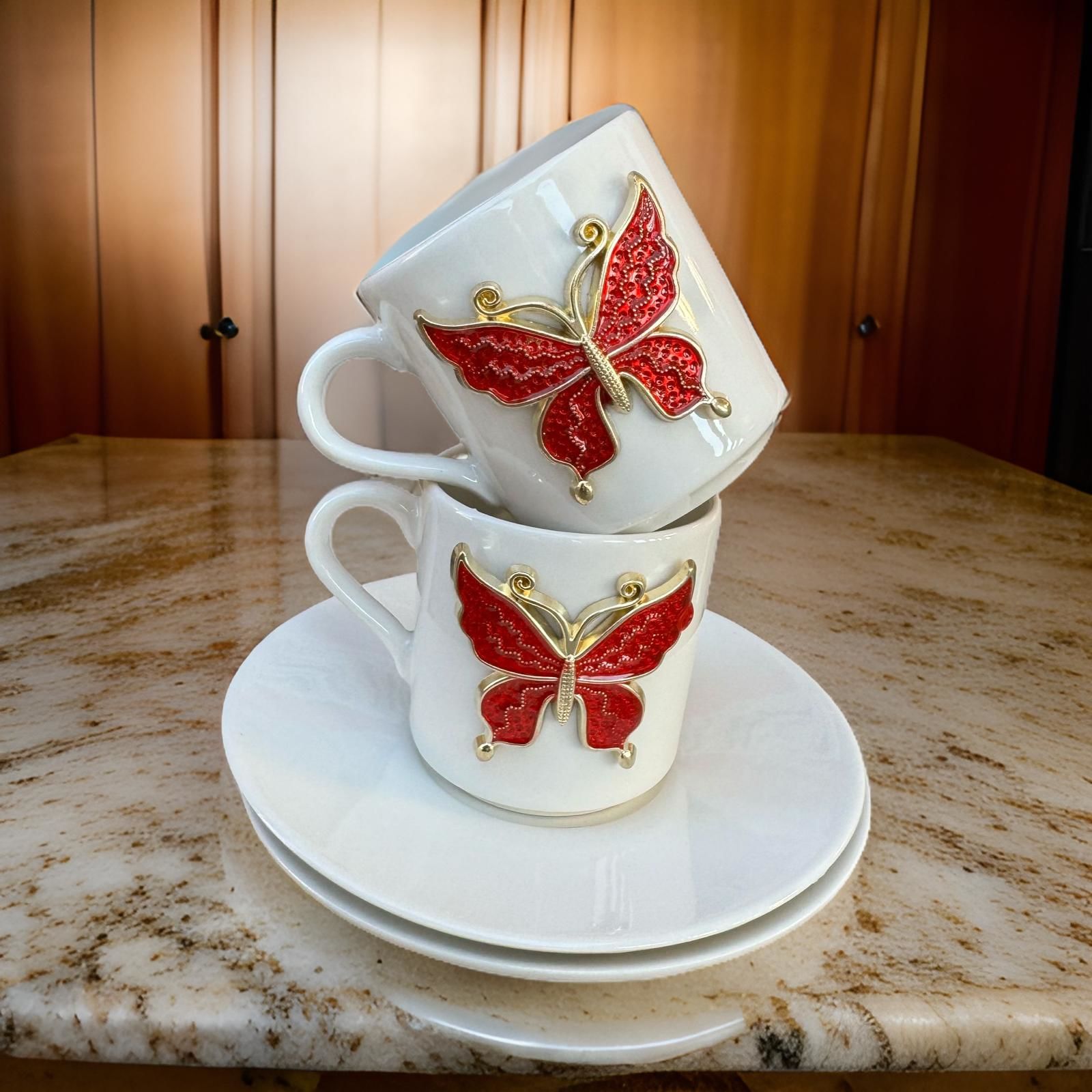 İlbay Porselen 2 Kişilik Metalli Kelebek Kahve Fincanı Takımı