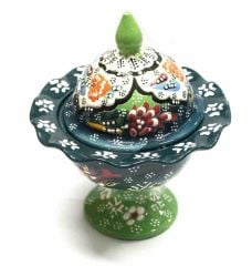 İlbay El İşi Yeşil Dantel Çini Seramik Şekerlik