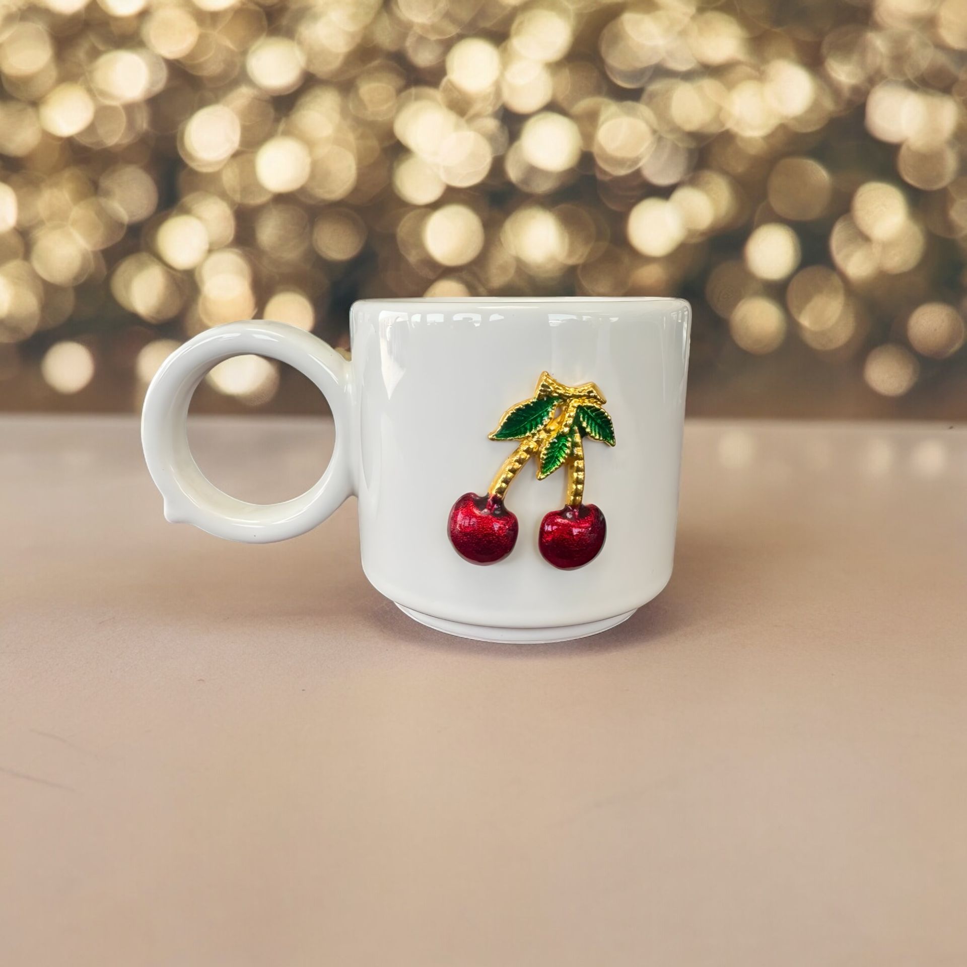 Metalli Silindir Kiraz Seramik Kupa Bardak Duble Kahve Fincanı