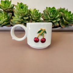 Metalli Silindir Kiraz Seramik Kupa Bardak Duble Kahve Fincanı