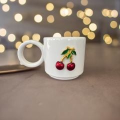 Metalli Silindir Kiraz Seramik Kupa Bardak Duble Kahve Fincanı