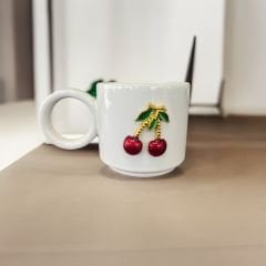 Metalli Silindir Kiraz Seramik Kupa Bardak Duble Kahve Fincanı