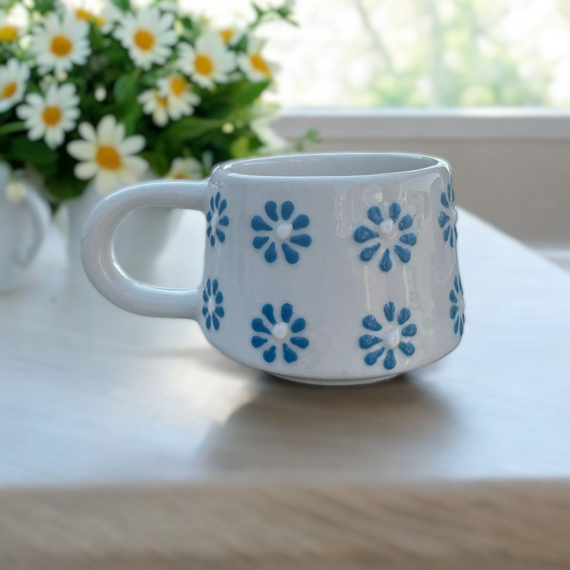 Seramik Klasik El İşi Mavi Papatya Duble Kahve Fincanı Kupa Bardak