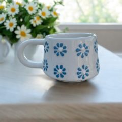 Seramik Klasik El İşi Mavi Papatya Duble Kahve Fincanı Kupa Bardak