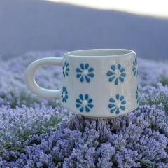 Seramik Klasik El İşi Mavi Papatya Duble Kahve Fincanı Kupa Bardak