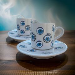 2 Kişilik Seramik El İşlemesi Yuvarlak Nazar Desenli Türk Kahvesi Fincan Takımı