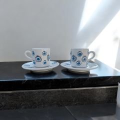 2 Kişilik Seramik El İşlemesi Yuvarlak Nazar Desenli Türk Kahvesi Fincan Takımı