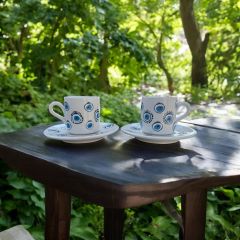 2 Kişilik Seramik El İşlemesi Yuvarlak Nazar Desenli Türk Kahvesi Fincan Takımı