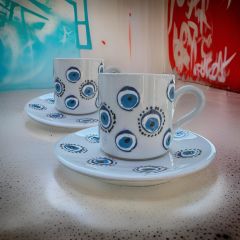 2 Kişilik Seramik El İşlemesi Yuvarlak Nazar Desenli Türk Kahvesi Fincan Takımı