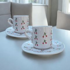 2 Kişilik Seramik El İşi Baby Kiraz Desenli Türk Kahvesi Fincan Takımı