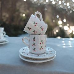 2 Kişilik Seramik El İşi Baby Kiraz Desenli Türk Kahvesi Fincan Takımı