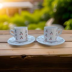 2 Kişilik Seramik El İşi Baby Kiraz Desenli Türk Kahvesi Fincan Takımı