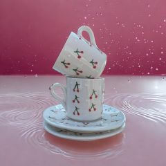 2 Kişilik Seramik El İşi Baby Kiraz Desenli Türk Kahvesi Fincan Takımı