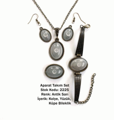 Kolye Bileklik Yüzük Küpe Aparat Takım Set 2225 Antik Sarı