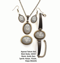 Kolye Bileklik Yüzük Küpe Aparat Takım Set 2233 Antik Sarı
