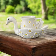 Beyaz Papatya Desenli Kuğu Tabaklı Seramik Türk Kahvesi Fincanı