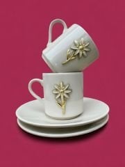 2 Kişilik Porselen Zamak Beyaz Papatya Desenli Kahve Fincanı Takımı