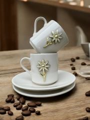 2 Kişilik Porselen Zamak Beyaz Papatya Desenli Kahve Fincanı Takımı