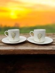 2 Kişilik Porselen Zamak Beyaz Papatya Desenli Kahve Fincanı Takımı