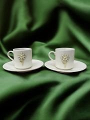 2 Kişilik Porselen Zamak Beyaz Papatya Desenli Kahve Fincanı Takımı