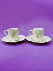 2 Kişilik Porselen Zamak Beyaz Papatya Desenli Kahve Fincanı Takımı