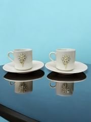 2 Kişilik Porselen Zamak Beyaz Papatya Desenli Kahve Fincanı Takımı