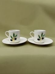 2 Kişilik Porselen Zeytin Dalı Desenli Metalli 2 li Kahve Fincanı Takımı
