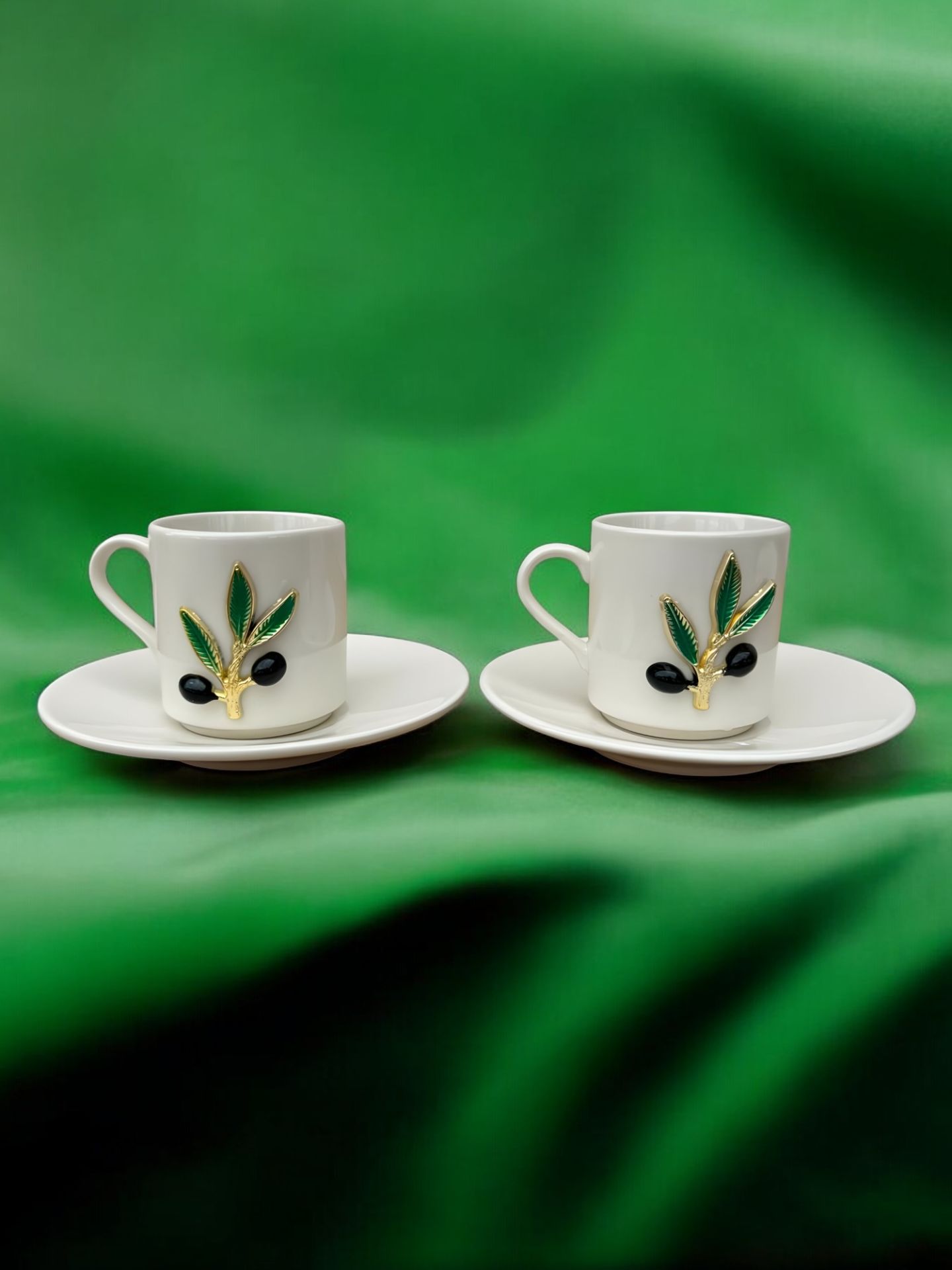 2 Kişilik Porselen Zeytin Dalı Desenli Metalli 2 li Kahve Fincanı Takımı