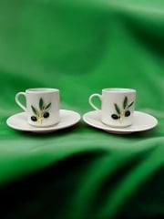 2 Kişilik Porselen Zeytin Dalı Desenli Metalli 2 li Kahve Fincanı Takımı