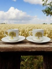 Porselen Zamak Hayat Ağacı Desenli 2 Kişilik Kahve Fincanı Takımı