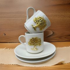 Porselen Zamak Hayat Ağacı Desenli 2 Kişilik Kahve Fincanı Takımı