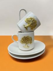 Porselen Zamak Hayat Ağacı Desenli 2 Kişilik Kahve Fincanı Takımı