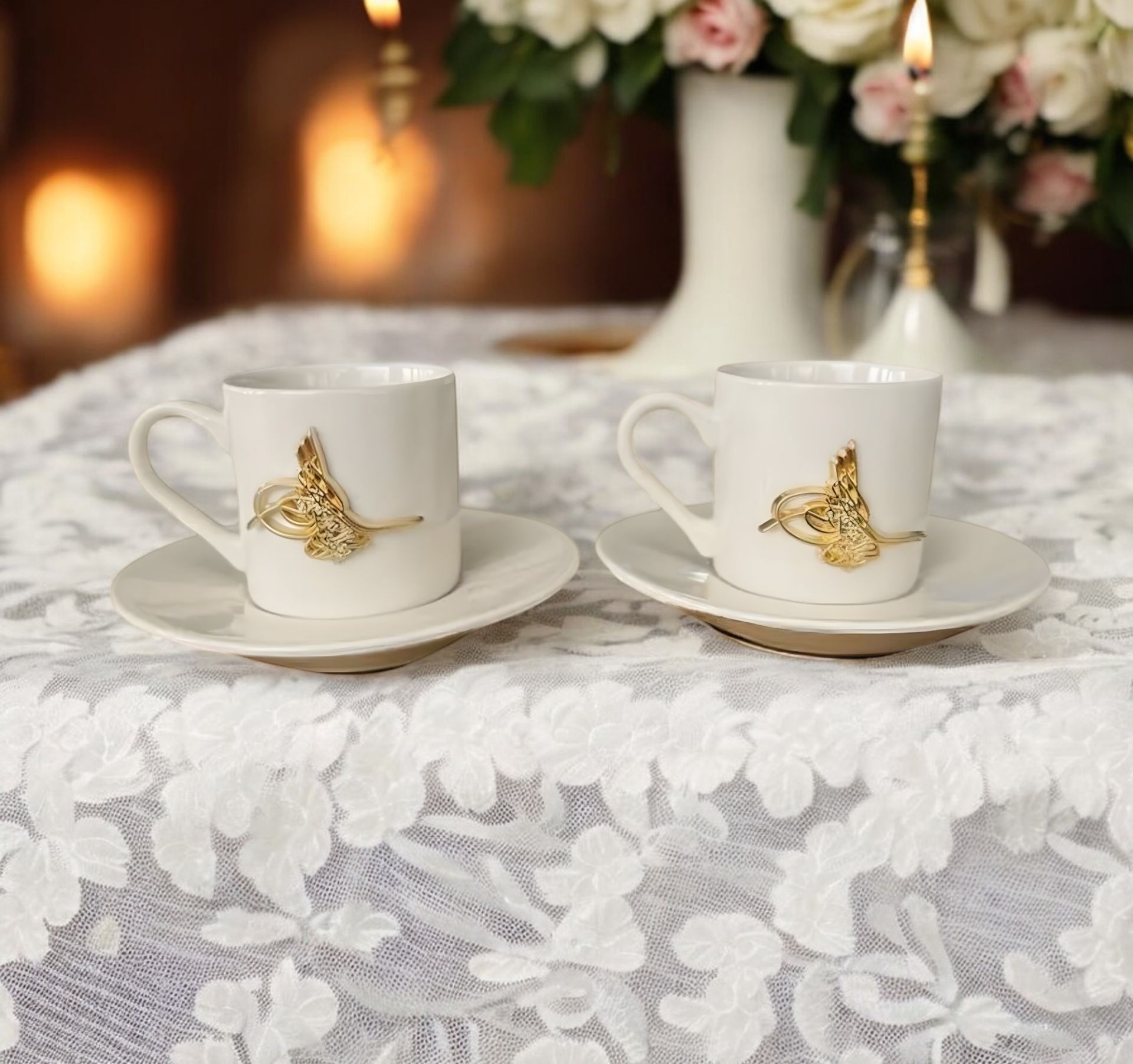 Porselen Metalli Tuğra Desenli  2 Kişilik Kahve Fincanı Takımı