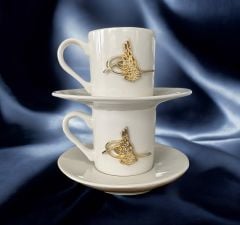 Porselen Metalli Tuğra Desenli  2 Kişilik Kahve Fincanı Takımı