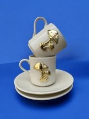 Metalli Beyaz Mantar Desenli  2 Kişilik Porselen Kahve Fincanı Takımı