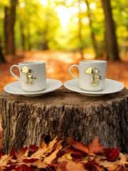 Metalli Beyaz Mantar Desenli  2 Kişilik Porselen Kahve Fincanı Takımı