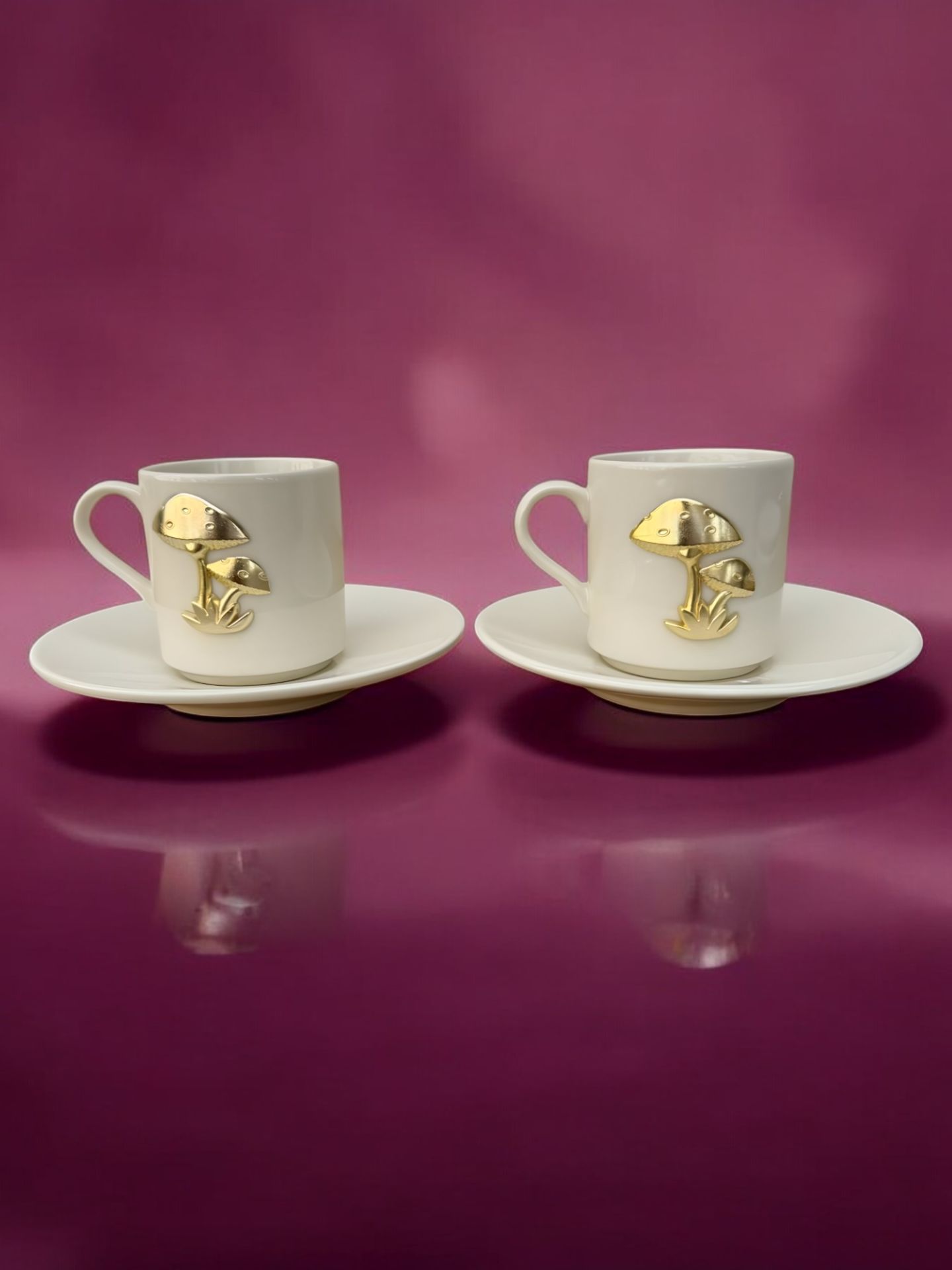 Metalli Beyaz Mantar Desenli  2 Kişilik Porselen Kahve Fincanı Takımı