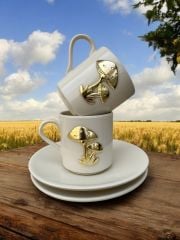 Metalli Beyaz Mantar Desenli  2 Kişilik Porselen Kahve Fincanı Takımı