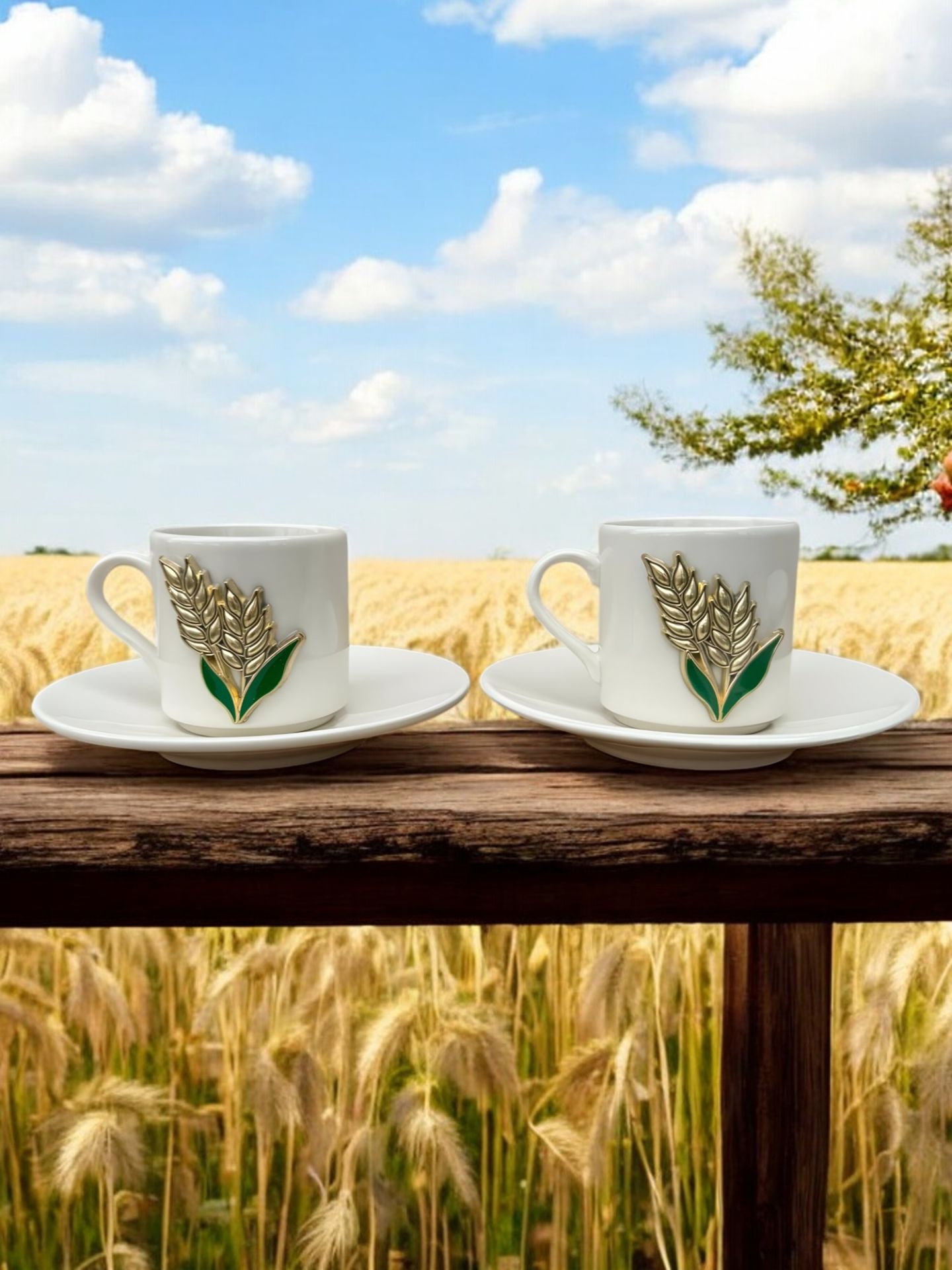 2 Kişilik Metalli Başak Desenli Porselen Kahve Fincanı Takımı