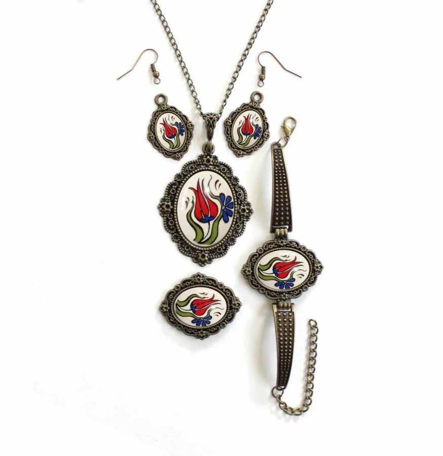 İlbay Çini Takı Kolye Bileklik Yüzük Küpe Seti 2210DS020