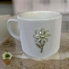 Metalli Beyaz Papatya Hediyelik Seramik Times Kupa Bardak Mug