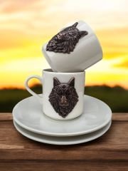 Kahverengi Kurt Motifli 2 Kişilik Porselen Kahve Fincanı Takımı