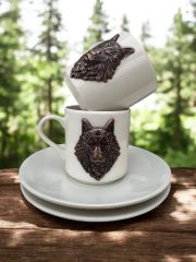 Kahverengi Kurt Motifli 2 Kişilik Porselen Kahve Fincanı Takımı