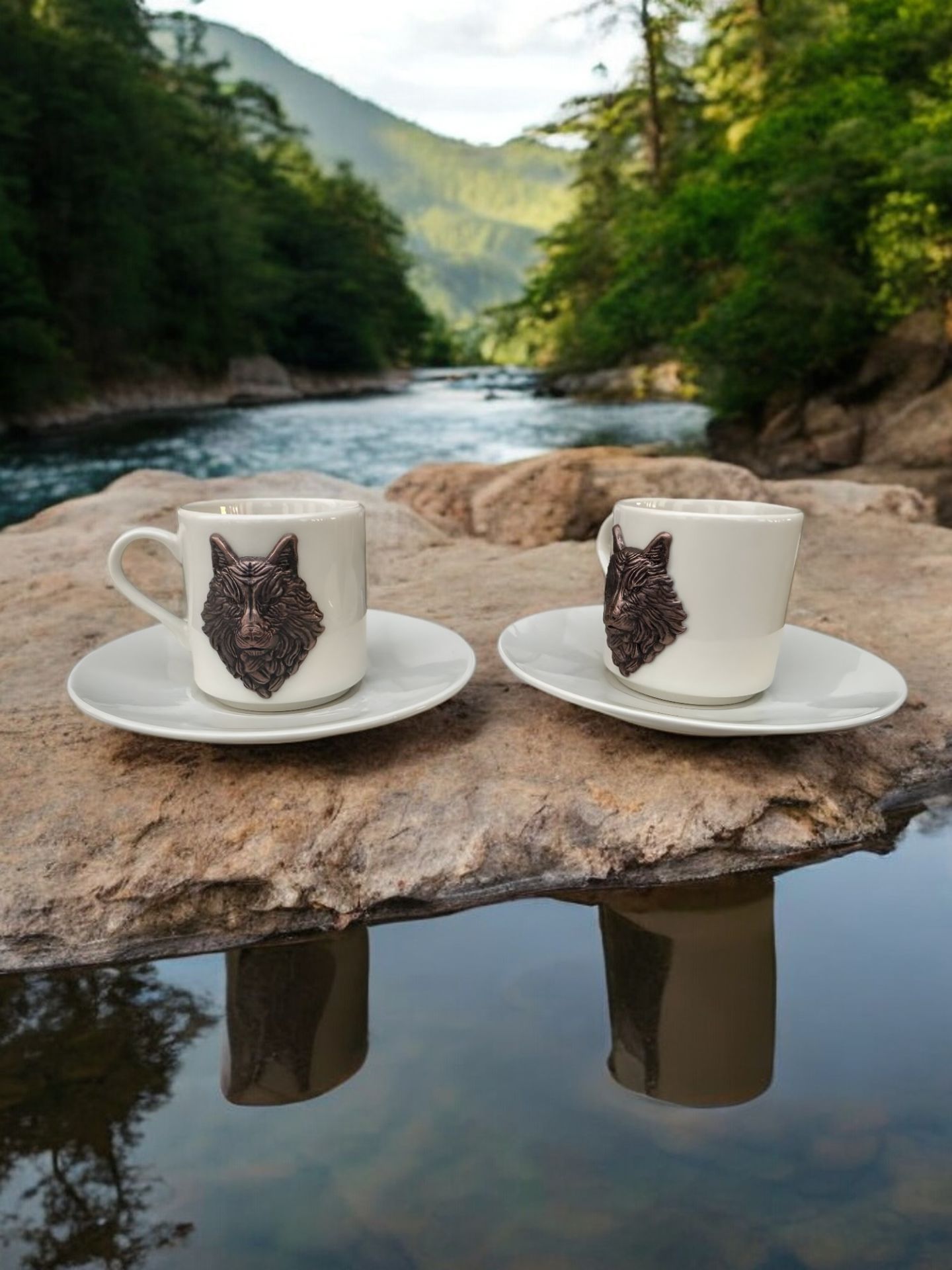 Kahverengi Kurt Motifli 2 Kişilik Porselen Kahve Fincanı Takımı