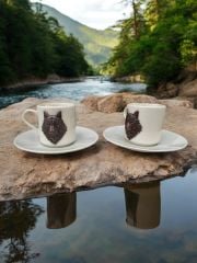 Kahverengi Kurt Motifli 2 Kişilik Porselen Kahve Fincanı Takımı