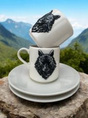 Siyah Kurt Motifli 2 Kişilik Porselen Kahve Fincanı Takımı