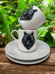 Siyah Kurt Motifli 2 Kişilik Porselen Kahve Fincanı Takımı