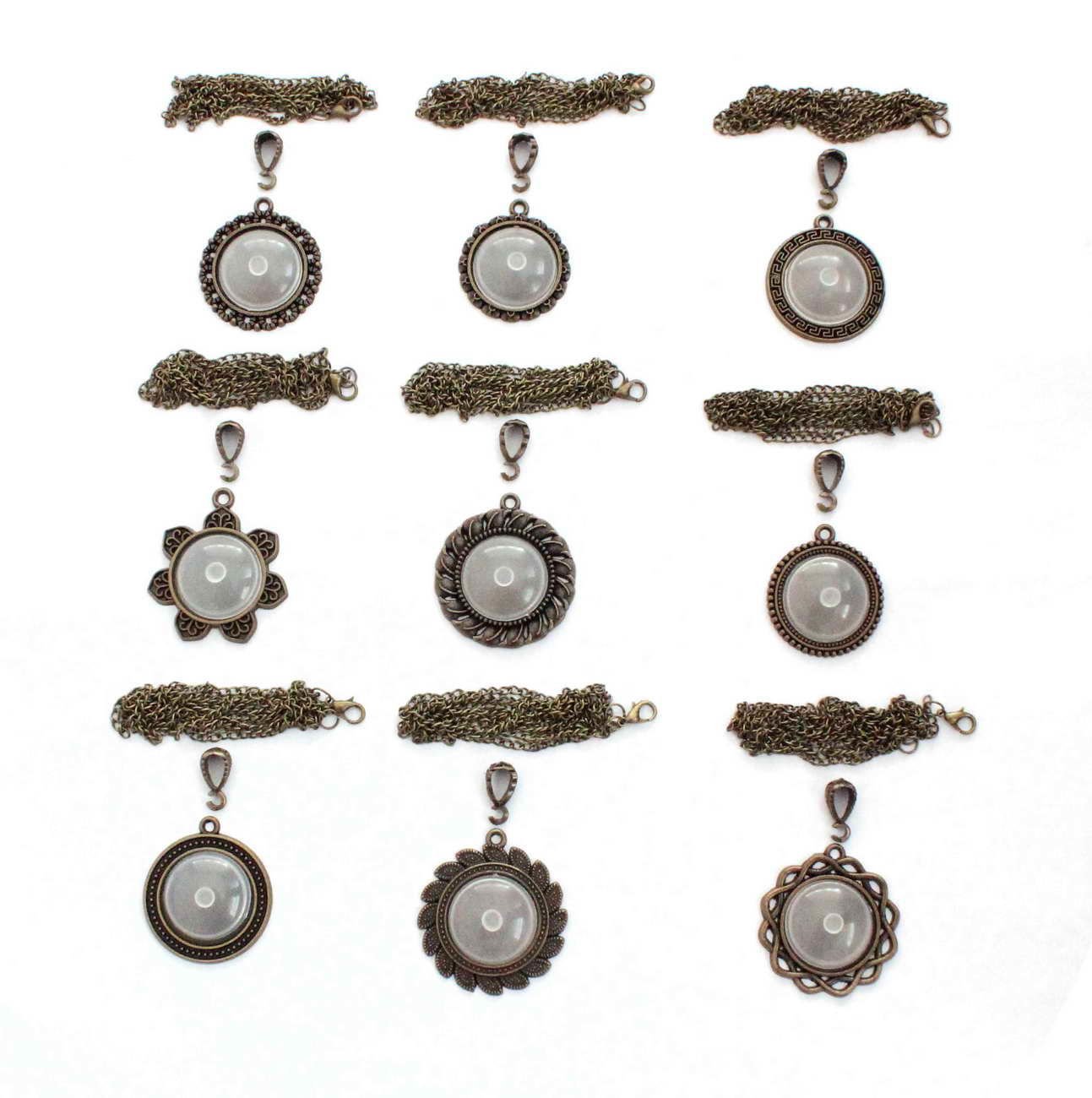 Set 116:  Antik Sarı Renkli 25 mm Zincirli Yuvarlak 9 lu Metal Kolye Malzemeleri Seti