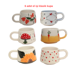 6 Adet  El İşi Klasik Seramik Kupa, Turuncu Üzüm Bağı, 2Gözümün Çiçeği,Mantar,Havuç,Ayçiçiçeği,Kırmızı Kalp