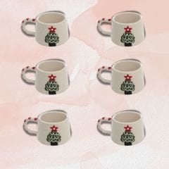 6 Adet  El İşi Klasik Seramik Yılbaşı Temalı Çam Ağacı Kupa Bardak Mug